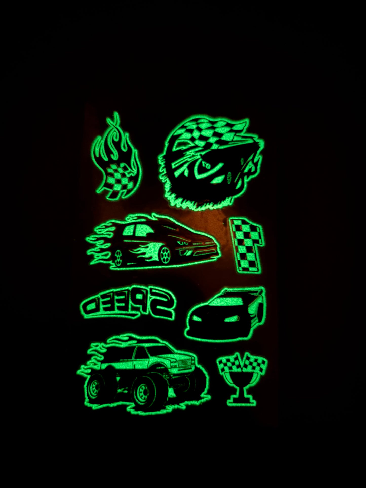 Auto-Tattoos (glow-in-the-dark), 1 Bogen mit 8 stk